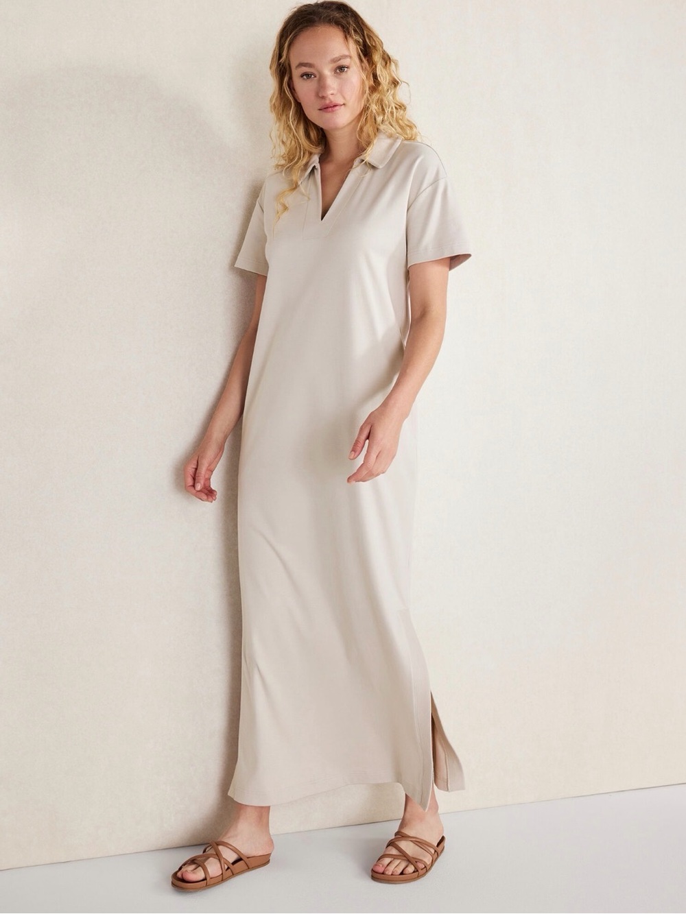 Haven Well Within Light Taupe Polo Short Sleeve Maxi Dress - 100% Cotton